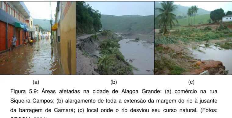 Figura 5.9: Áreas afetadas na cidade de Alagoa Grande: (a) comércio na rua  Siqueira Campos; (b) alargamento de toda a extensão da margem do rio à jusante  da barragem de Camará; (c) local onde o rio desviou seu curso natural