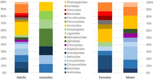 Figure 2 Frequency of occurence of prey items identified to the family level. Left side graphic shows differences  between adults and juveniles, and in the right side differences between adult females and males are depicted