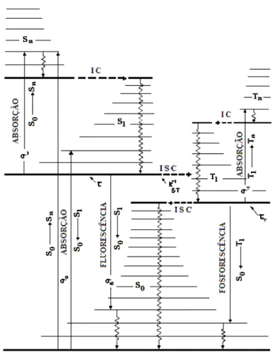 Fig. 1.9. Esquema dos principais níveis de energia de uma molécula de corante típica  as setas verticais indicam processos radiativos de absorção e emissão