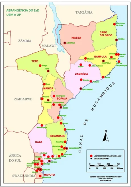 Figura 1 – Distribuição geográfica dos centros de tutoria em Moçambique