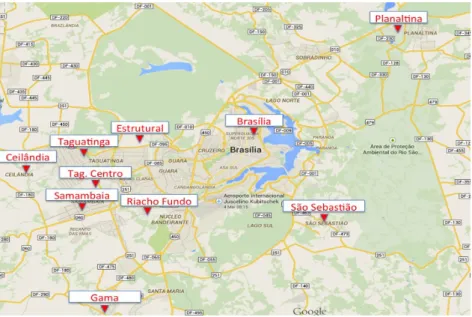 Figura 2.1 - Relação dos campi do IFB (Google Maps, modificado). 