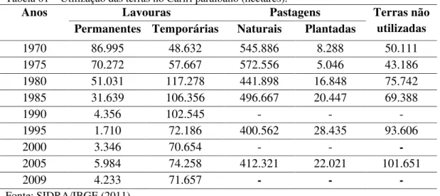 Tabela 01  Utilização das terras no Cariri paraibano (hectares). 