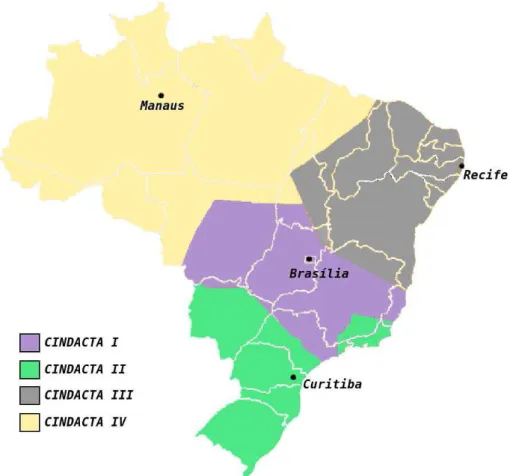 Figura 2.15: Regiões de Informação de Vôo sob responsabilidade dos CINDACTAs (Ribeiro e Ribeiro, 2008)
