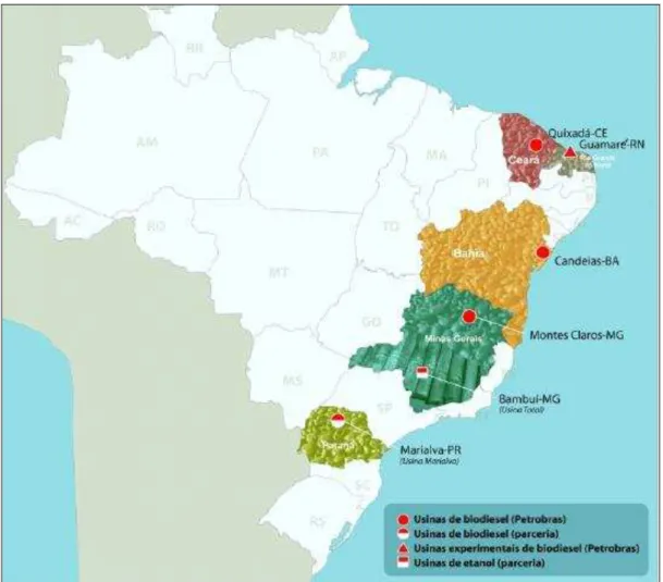 Figura  03.  Localização  das  Usinas  da  Petrobras  Biocombustível  S.A.  no  Brasil, 2012 