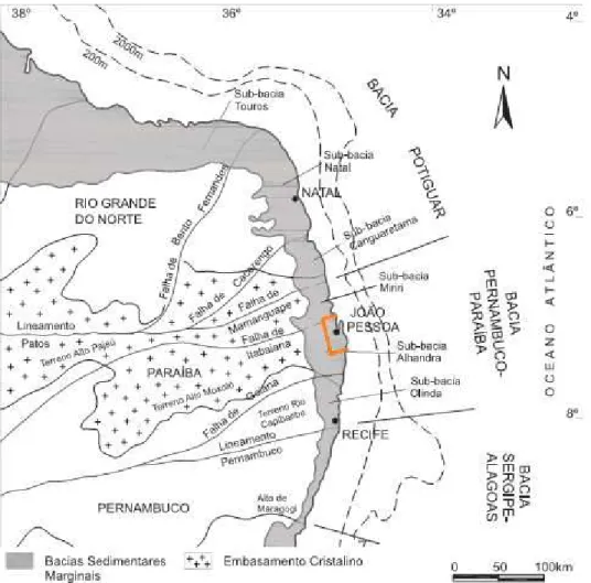 Figura 2: Sub bacias que compõem a Bacia Pernambuco Paraíba com destaque para a localização do Geossistema do estuário do rio Paraíba (modificada de Barbosa ., 2004 # Furrier .,