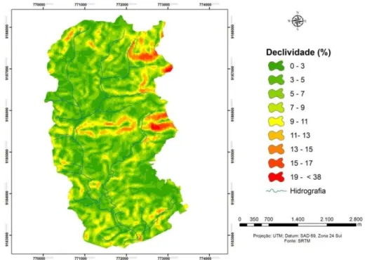 Figura 6  –  Mapa das declividades na Bacia Experimental de São João do Cariri  Fonte: Elaboração própria, 2014