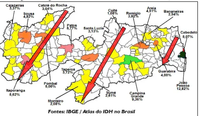 Figura 08 - Diagonais da Exclusão Universitária no Território Paraibano, 2000 .  