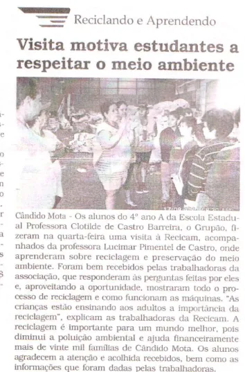 Figura 10 – Visita dos estudantes à Recicam publicada no Jornal O Diário do  Vale, em 20 de setembro de 2014