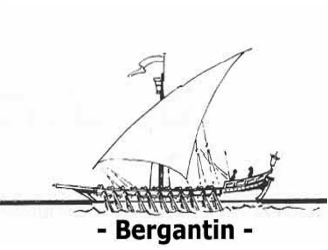Figura  9  -  Ilustração  de  um  Bergantim  navegando  a  remo  e  a  vela.  Fonte: 