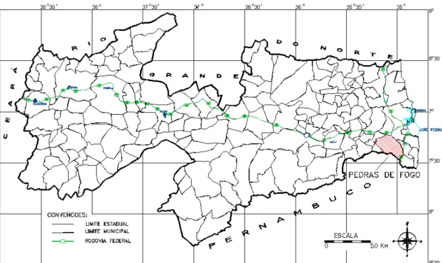 Figura 9 – Divisão Territorial do Estado da Paraíba, com o município de Pedras de Fogo  em destaque  