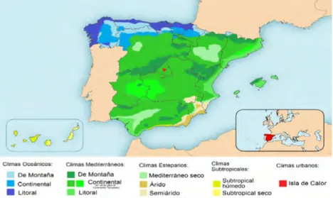 Figura 4 – Ilustra la Isla de Calor: en color rojo se puede observar las  islas de calor más notables (Madrid y Barcelona), del territorio Español.