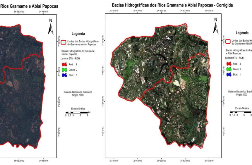 Figura 6: Imagem Landsat 5 TM das bacias hidrográficas do Gramame e  do Abiaí-Papocas, do ano de 2001, corrigidas (R3, G2, B1)