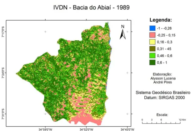 Gráfico 2: Categorias do IVDN em porcentagem para a bacia hidrográfica dos rios Abiaí- Abiaí-Papocas, do ano de 1989 