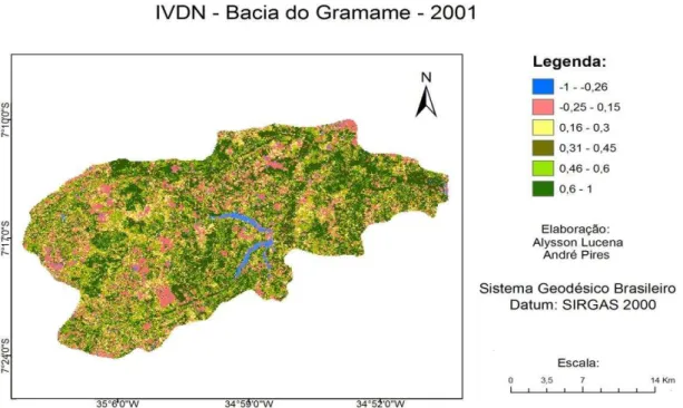 Figura 9: Mapa de IVDN da bacia hidrográfica do rio Gramame, do ano de 2001. 