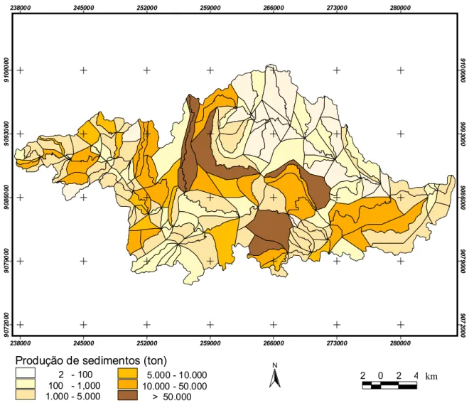 Figura 5.13 - Espacialização da produção de sedimentos para a bacia Pirapama em 2000. 