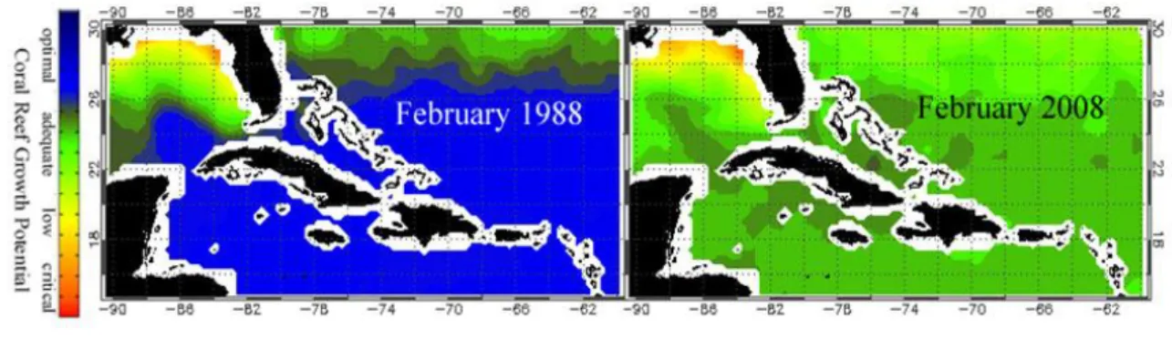 Figura 1.4 - Evolução do potencial de crescimento de recifes de corais (NOAA, 2008) 