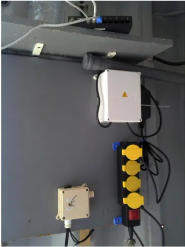 Figura 3.5 - Quadro de alimentação (visível a caixa do transformador, interruptor de corte da eletroválvula, tomada de  alimentação e hub de rede)