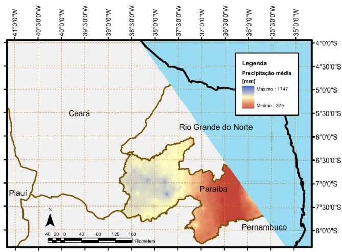 Figura 2  –  Precipitação média anual nos Estados do Ceará e da Paraíba  3.2  Relevo 