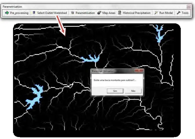 Figura 22  –  Ferramenta para delimitação de bacias / Imagem da acumulação   de fluxo no ArcGIS 