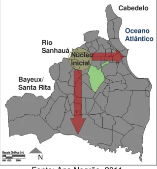 Figura 02: Limites do município de João Pessoa. As setas indicam o território de  possível expansão da cidade