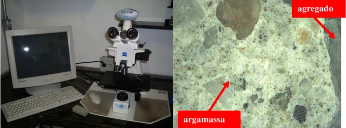 Figura 2.11  –  (a) Microscópio Óptico                         (b) Micrografia obtida através do Microscópio Óptico