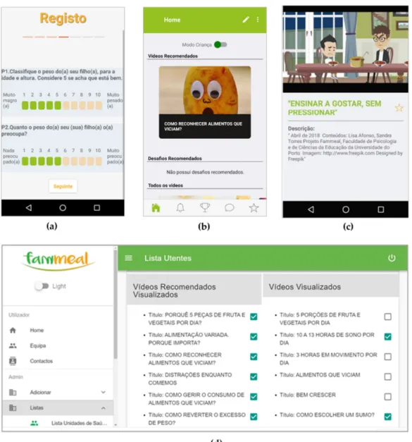 Figure 1. Fammeal app and monitoring website screenshots: (a) app—Registration questionnaire;