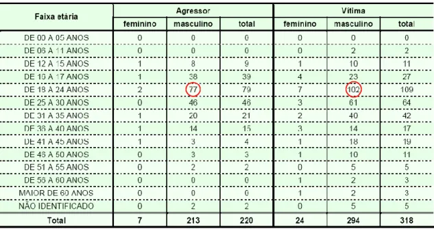 Tabela 6 – Sexo e faixa etária das vítimas e agressores, no ano de 2007/2008. 