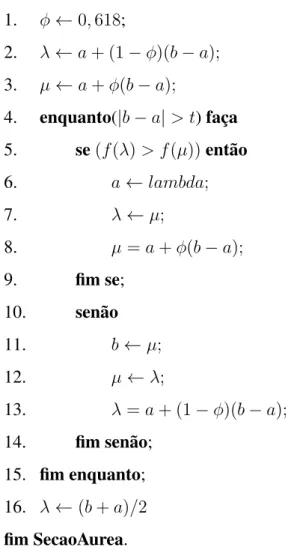 Figura 2.5: Pseudo código Seção Áurea procedimento SecaoAurea (f(.), a, b, t) 1. φ ← 0, 618; 2