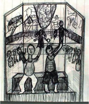 Figura 9 - Desenho da parte interna de uma barraca de mamulengo, feito pela autora,  a partir da observação da brincadeira do Mestre Zé Divina e de outros mestres de  Pernambuco, 2004.