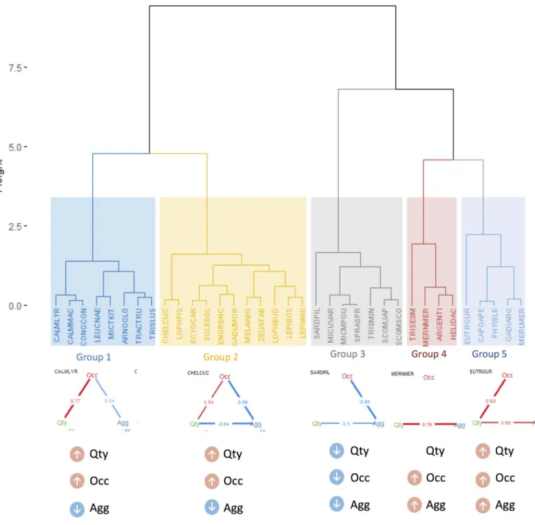 Fig 6. Groups of species with similar quantity-occupancy-aggregation relationships. See further details in the text.
