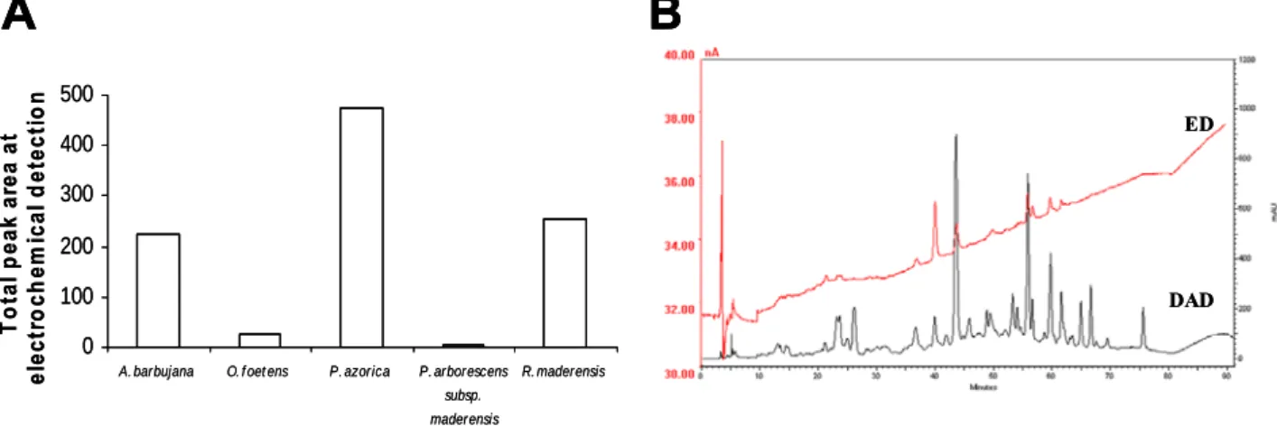 Figure 4. Phytochemical characterization of the five Macaronesia leaf water-ethanol  extracts using the diode array (DAD) at 280 nm and the electrochemical  detectors (ED) in  tandem(-1 V, +1 V)