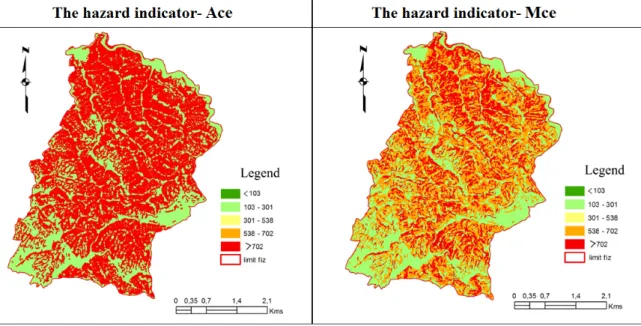 Figure 4. Spatial distribution of the hazard indicator (hazard units) for both scenarios, Ace and Mce (source: model results).