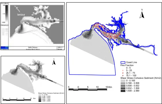 Fig. 4.2 Bottom shear stress model results a) outside the GIS; b) inside the GIS; c) integrated  with Sado estuary digitised boundaries and sediment fine fraction in 153 sampling sites