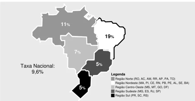 Figura 6 – Mapa do analfabetismo por região brasileira no ano de 2010 