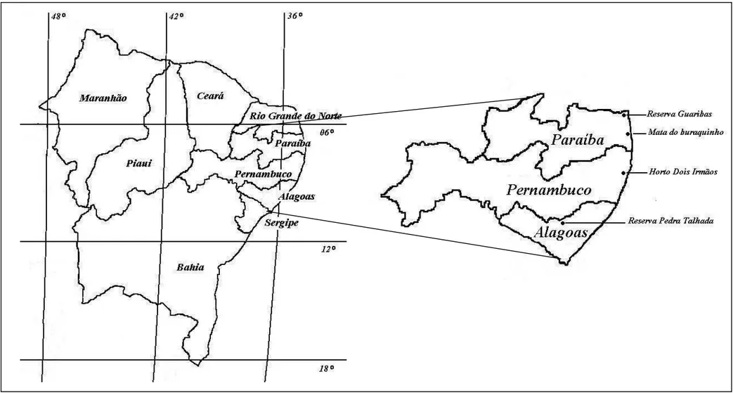 Figura 1.1. Mapa com a localização dos pontos de coleta nos Estados de Alagoas, Pernambuco e Paraíba