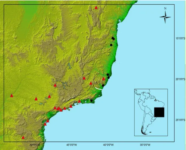 Figura  5:  Localidades  do  agrupamento  1  (triângulos  vermelhos)  e  do  agrupamento  2  (círculos  pretos),  do  cladograma  de  área  da  Figura  1,  demonstradas  no  sudeste  brasileiro