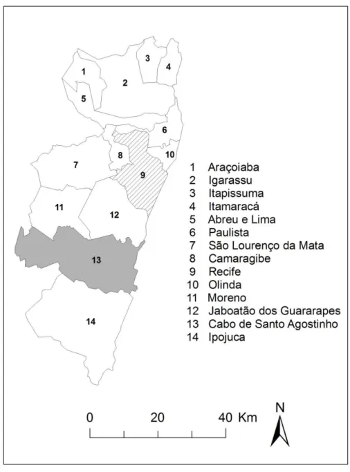 Figura  1.  Área  da  Região  Metropolitana  do  Recife  e  seus  municípios  componentes