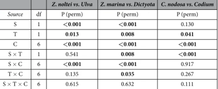 Table 1.  Summary of PERMANOVA results for the nitrogen surge uptake rates of each species (S  =  Species)  for the combinations Zostera noltei vs