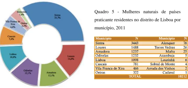Gráfico  5  -  Mulheres  naturais  de países praticante residentes no distrito de  Lisboa por  município, 2011 (%) 