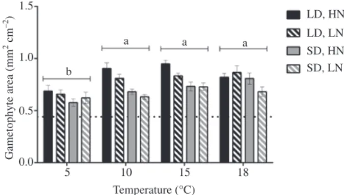 Figure 1: Effects of temperature, nutrient availability and daylength  on gametophyte surface area of Laminaria digitata after 7 days