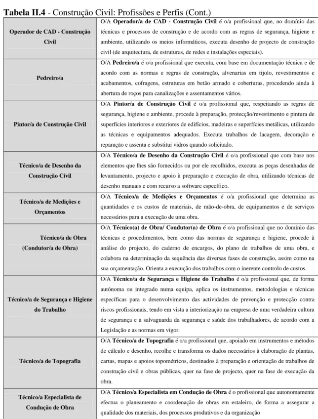 Tabela II.4 - Construção Civil: Profissões e Perfis (Cont.)