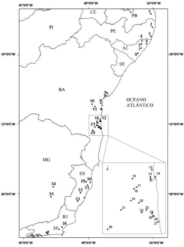 Figura  3:  Distribuição  das  amostras  do  gênero  Hylaeamy  ao  longo  da  Floreta  Atlântica