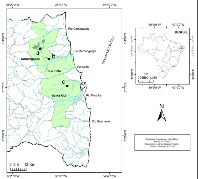 Figura 1. Mapa da região  litorânea do Estado da Paraíba. Disposição das  Áreas:  a. Reserva  Biológica Guaribas SEMA 2; b