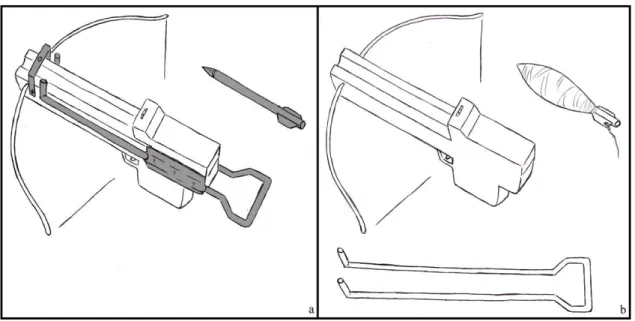 Figura 2. Adaptações sofridas pela balestra e seta: aumento do peso da seta e destacamento do  armador e mira
