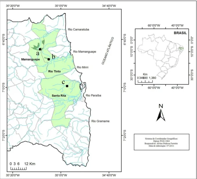 Figura  4. Mapa da região  litorânea do Estado da Paraíba. Disposição das  Áreas:  a. Reserva  Biológica Guaribas SEMA 2; b