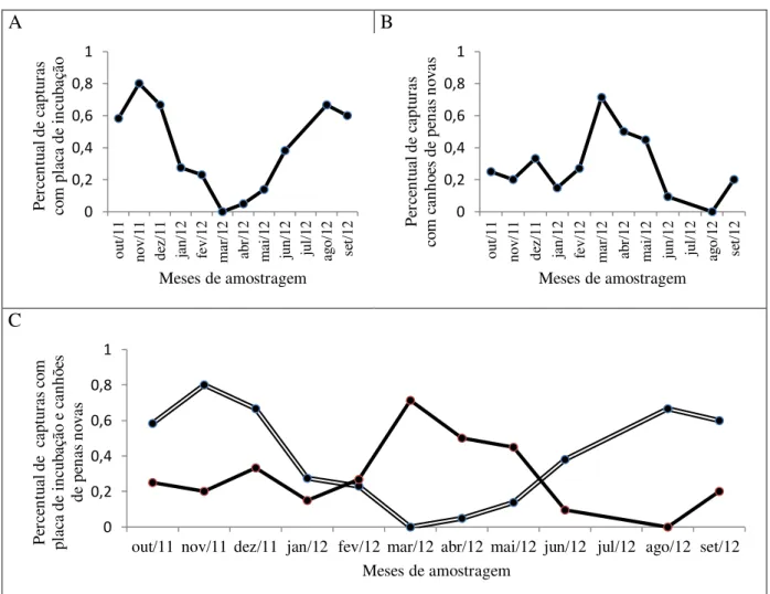 Figura 6. Picos reprodutivo (A) e de muda (B) de aves capturadas em remanescentes de mata  Atlântica da Paraíba, Brasil, entre outubro de 2011 e setembro de 2012