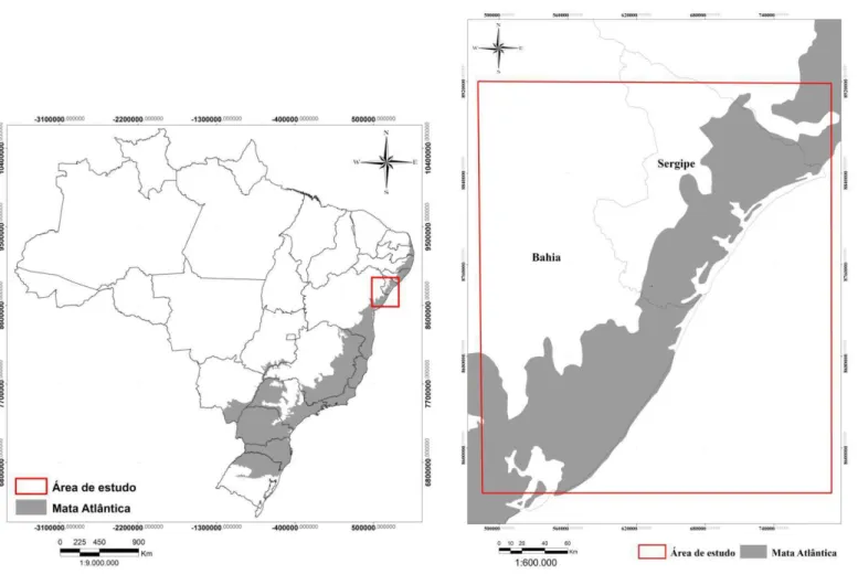 Figura 1.2 - Localização da área de estudo, no nordeste brasileiro. A região cinza delimita a área de domínio da Mata Atlântica