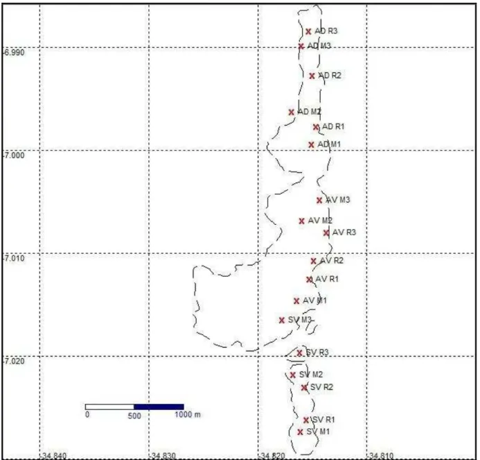 Figura  2.  Localização  dos  pontos  de  amostragem  (Fonte:  Google  TM  Earth).  Modificado  a  partir  de  imagem confeccionada por T