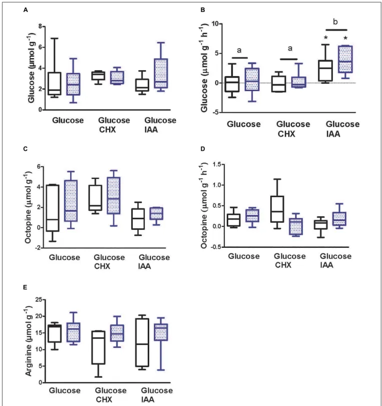 FIGURE 4 | Glucose, octopine, and arginine levels following 1 h recovery from intense contractility