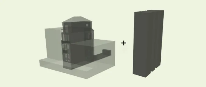 Fig. 12. Representação 3D da Casa do Conto – Pré-existente + Fig. 13. Representação 3D da Casa do Conto – Novo corpo adicionado Fonte: Desenho de Soraia Rodrigues